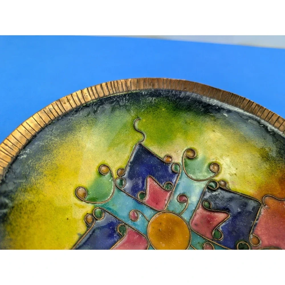 Vtg Indian Copper Brass Platter Prayer Colorful Enamel Bowl Platter Boho Handles
